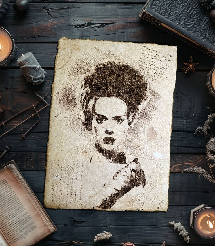 The Bride of Frankenstein Da Vinci Sketch Style Portrait | 9 x 12 Bride of Frankenstein Art