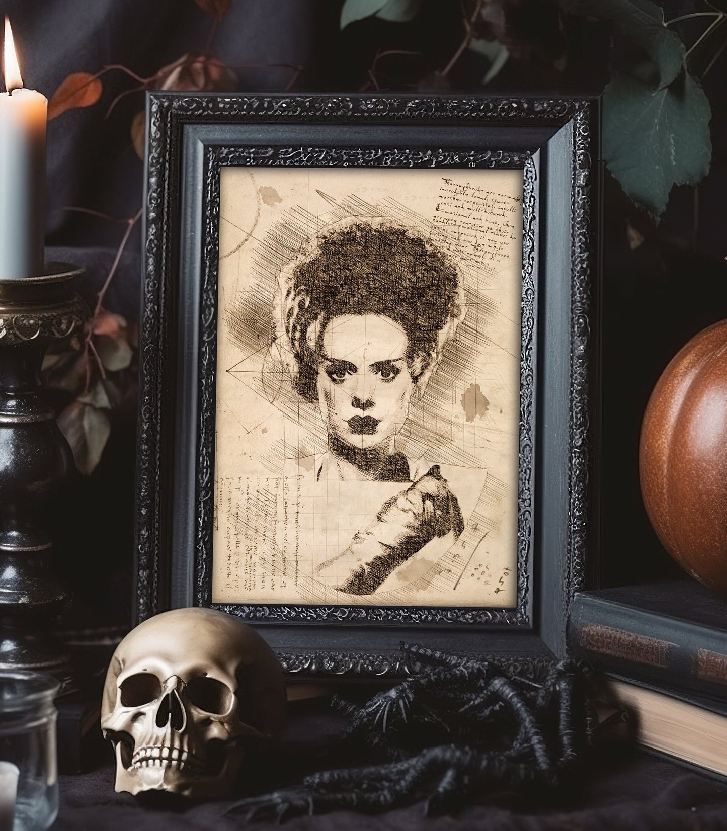 The Bride of Frankenstein Da Vinci Sketch Style Portrait | 9 x 12 Bride of Frankenstein Art